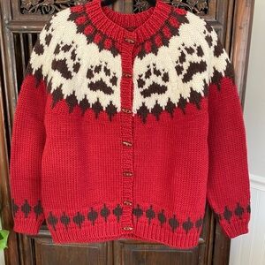 Handmade 100% Wool Nordic Bear Paw Cardigan – Red & Cream Knit Sweater size M